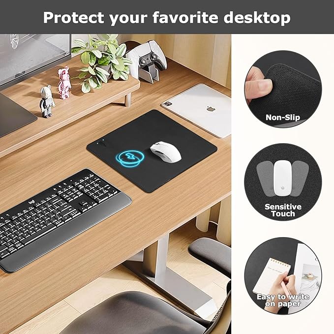 Wireless Charging Mouse Pad Firelison 2 in 1 Leather Multifunctional Office Desk Pad with Non-Slip Rubber Base, Waterproof Desk pad for Computers/Office/Work/Home/Decor（ 12" x 10"Black - L）