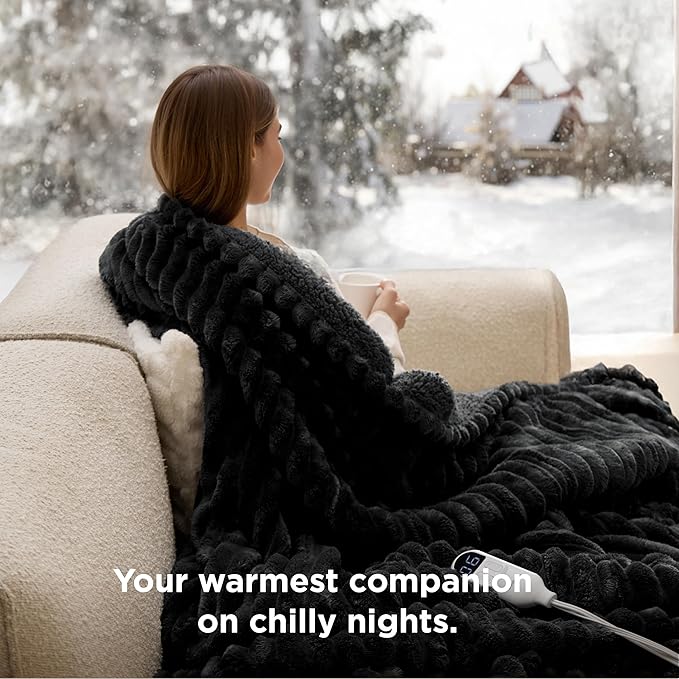 Bedsure Heated Blanket Electric Throw - Thick Striped Flannel Electric Blanket, Heating with 4 Time Settings, 6 Heat Settings, and 3-Hour Timer Auto Shut Off, Gift for Grandma (50x60 inches, Black)