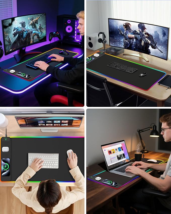 Upgraded Mouse Pad with Wireless Charging, RGB Gaming Desk Mat, 31.5"x15.7" Large XXL Desk Pad, 15 Light Modes, Ultra-Smooth Surface, Non-Slip Mouse Mat, Waterproof Computer Keyboard Pad, Black