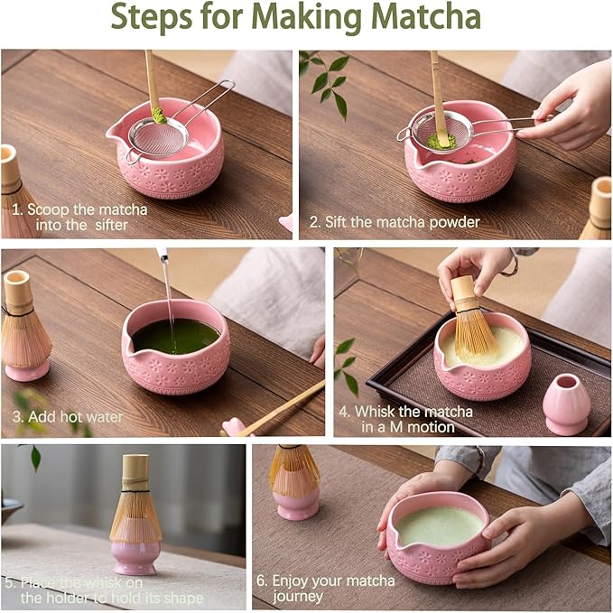 Matcha Whisk Set, 7 Pcs Pink Ceramic & Bamboo Matcha Kit with Bowl, Whisk, Holder, Scoop, Rest, Sifter, Tea Towel