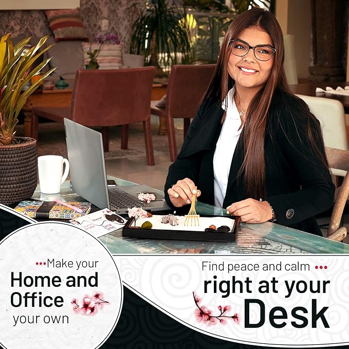 Zen Garden Kit for Desk 12x8in Sand Tray, Japanese Gift Set 14 Accessories and 6 Tools, Meditation Mini Zen Garden, Zen Sand Garden, Home Office Desk Decorations, Therapy Kit, Rock Decor