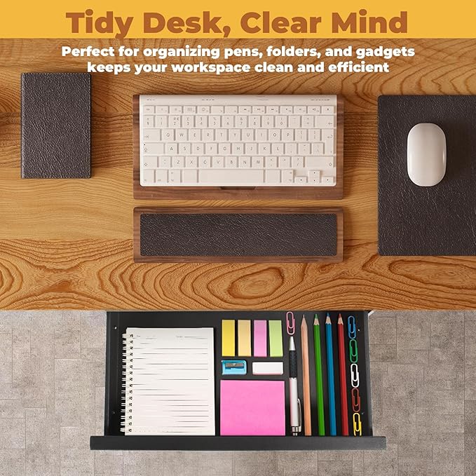 POPMOON 16 Inch Under Desk Drawer,Adjustable Height,Under Desk Drawer Slide Out, Metal Storage Drawer with Cable Management for Office & Home,Matte Black