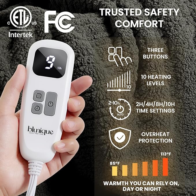 Electric Heated Blanket Twin 62x84 inches, Fast Heating w/ 10 Heat Settings & 2/4/8/10H Auto Timer, Double-Sided Sherpa, Ultra Soft & Cozy for Couch, Bed, Office, Machine Washable, Grey