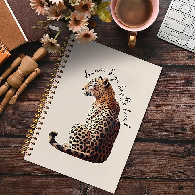 Trendy Inspirational Leopard Notebook, Funky Cheetah Print Journaling Notebook, Modern Aesthetic Leopard Journal, Dream Big Hustle Hard Positive Quote Cheetah Spiral Notebooks 5.5x8.3 Inch