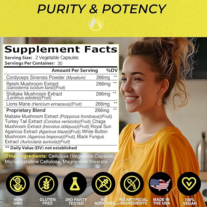 THE ENCLARE NUTRITION Mushroom Supplement 10in1 Complex Immune Support Lions Mane, Reishi, Turkey Tail, Cordyceps, Chaga, Maitake, Shiitake, Agaricus: Nootropic Brain, Energy Booster (1)