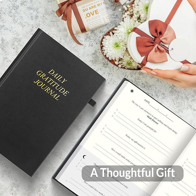 SUNEE Daily Gratitude Journal – Simple 5 Minute Journal for Daily Reflection, Build Positivity and Mindfulness, Undated Minimalist Planner for Women & Men (Black)