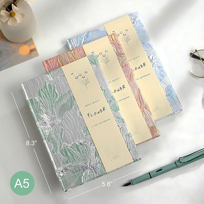 Flower Notebook, Hardcover, Lay Flat, A5, 6x8, Wide Ruled Pages, Writing Journal for Women, Pretty Notebook, Recipe Journal, Garden Journal, Gratitude Journal, Lily Gifts, Green
