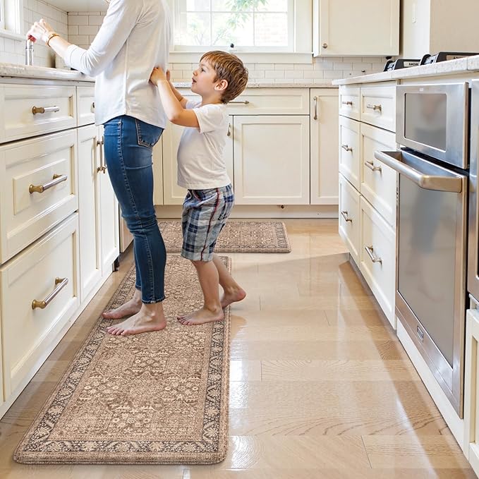 KIMODE Anti Fatigue Kitchen Mat 20"x59"+20"x32", Boho Distressed Kitchen Rugs Sets of 2, Kitchen Mats for Floor Cushioned Non Slip, Comfort Kitchen Floor Mats for Sink, Laundry, Desk Brown