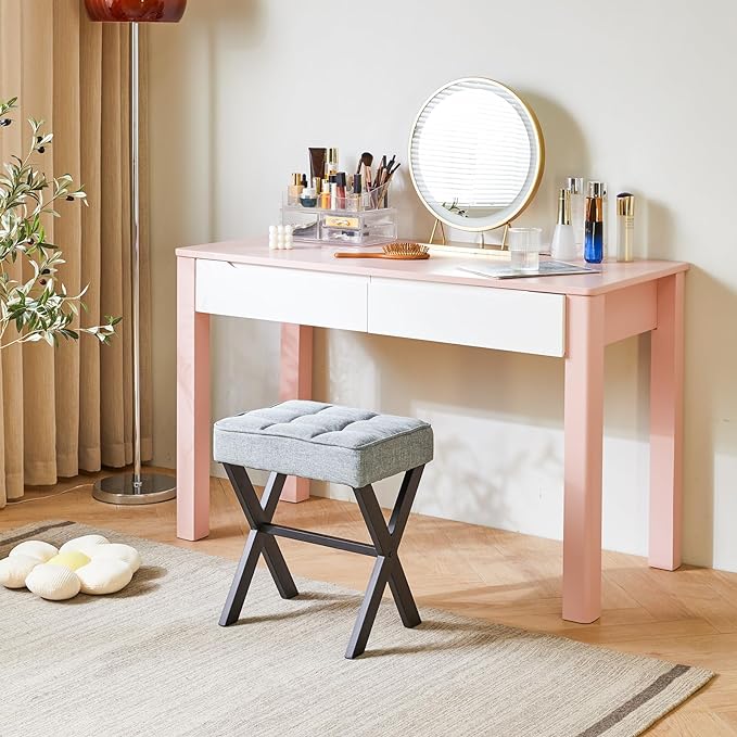 IBUYKE Square Makeup Stool with X-Leg Foot Rest, Linen Footrest, Ottoman Seat, Multi-Use as Small Side Table, for Bedroom, Living Room, Blue Gray LG-70L