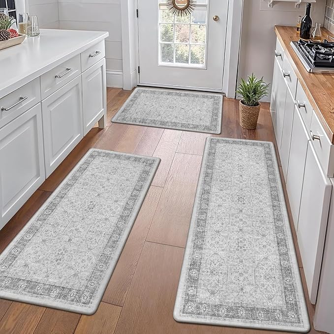 Pauwer Anti Fatigue Kitchen Mat Set of 3 Non Slip Kitchen Mats for Floor Cushioned Kitchen Rugs Comfort Standing Mat Farmhouse Waterproof PVC Foam Kitchen Floor Mat Runner, Light Grey