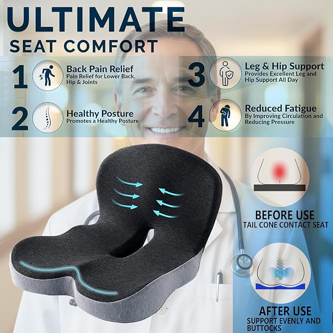 Memory Foam Seat Cushion for Truck Drivers, Office Chairs & Car Seats Back Support Sciatica Relief Pillow for Tailbone Ergonomic Pressure Relief Pad for Long Sitting & Driving (Dark Gray)