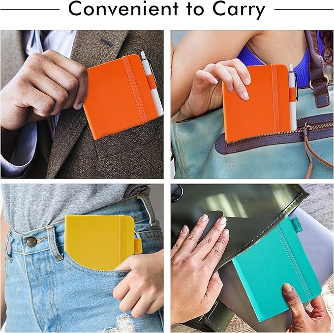 feela Pocket Notebook Journals, Mini Cute Small Hardcover College Ruled Notepad Office School Supplies, with 3 Black Pens, 3.5”x 5.5”, 3 Pack, A6, Solid Colors, Yellow, Orange, Emerald