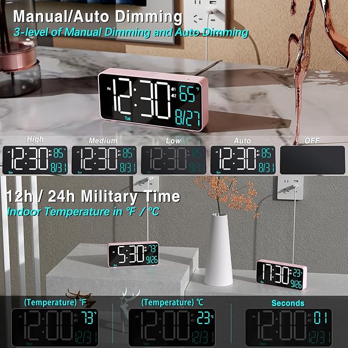 KOSUMOSU Alarm Clocks for Bedrooms, 6.7in Small Digital Clock, Auto Dimming, Room Temperature, Day of The Week, Date, Seconds, Digital Clocks for Living Room, Alarm Clock