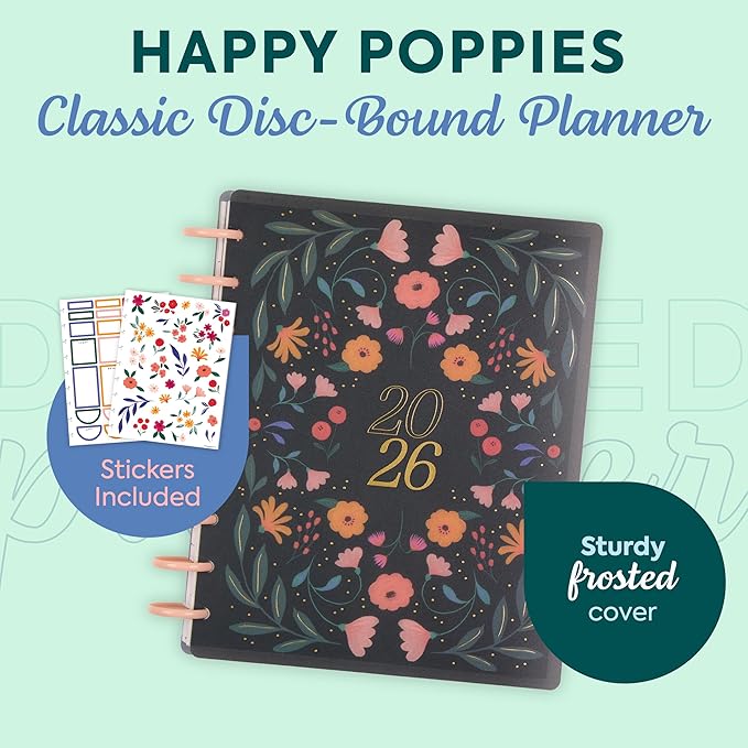 Happy Planner Disc-Bound Planner Jan.–Dec. 2026, Includes 3 Extra Months and 2 Sticker Sheets, Classic Size, 7" x 9.25", Dashboard Layout, Happy Poppies