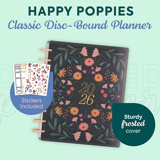Happy Planner Disc-Bound Planner Jan.–Dec. 2026, Includes 3 Extra Months and 2 Sticker Sheets, Classic Size, 7" x 9.25", Dashboard Layout, Happy Poppies