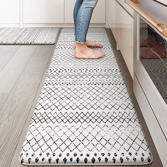 KIMODE Kitchen Mats 2PCS,Anti Fatigue Geometric Kitchen Rugs,Non Slip Waterproof Kitchen Mats for Floor,Cushioned Comfort Foam Standing Desk Mat for Home, Office, Sink,Laundry,Black and White