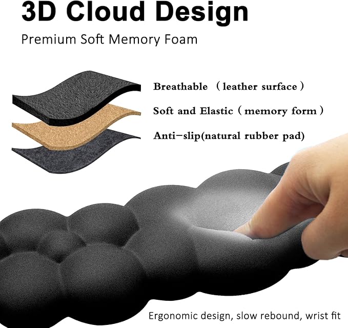 Cloud Keyboard and Mouse Wrist Rest Pad for Computer Arm Pain Relief- Ergonomic Wrist Support Mousepad with Non-Slip PU Base for Office, Gaming, and Home Use Anti-Fatigue(Black)