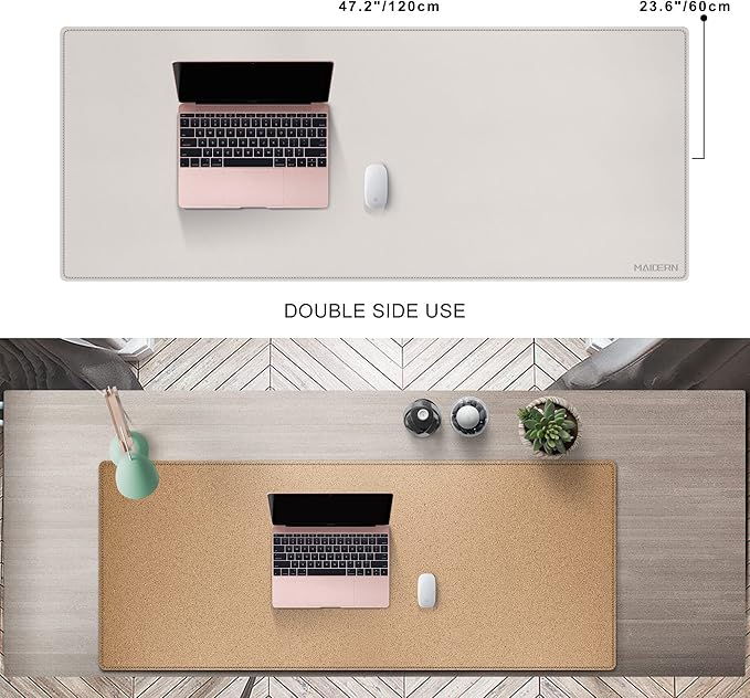 MAIDERN XXL 47.2" x 23.6" Cork & Leather Desk Mat, Dual Sided, Gaming & Home Office (Cream)