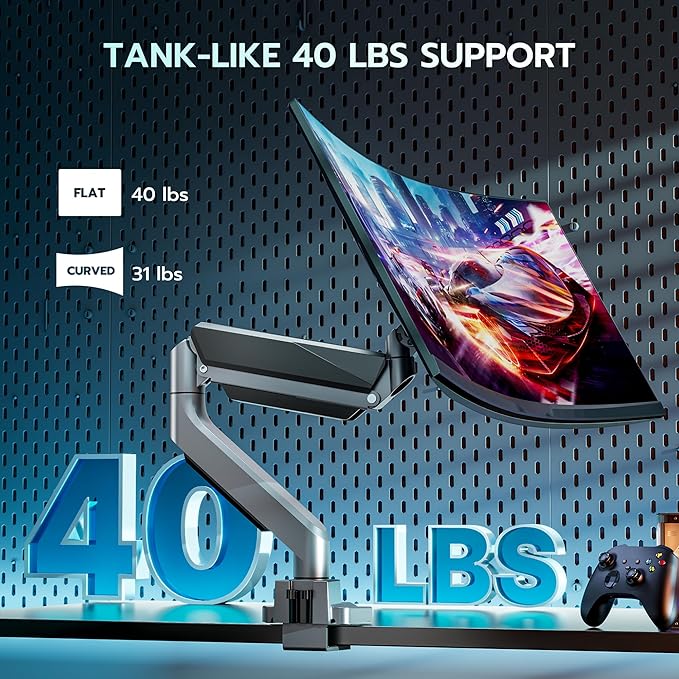 ARES WING Single Monitor Arm, Heavy Duty Adjustable Monitor Arm for 13"-49" Screens with USB, Gas Spring Desk Mount Stand with C Clamp/Grommet Mounting Base up to 40lbs Computer, Gray