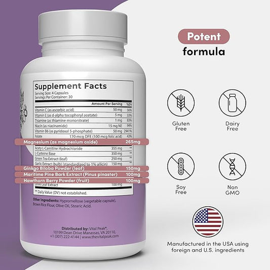 Hearing Peak - Tinnitus Supplements - Ear Health Supplements for Ringing Ears with Magnesium, Ginkgo Biloba, Green Tea Extract, Niacin, Acetyl L-Carnitine & More - Vegan, Gluten Free - 120 Capsules