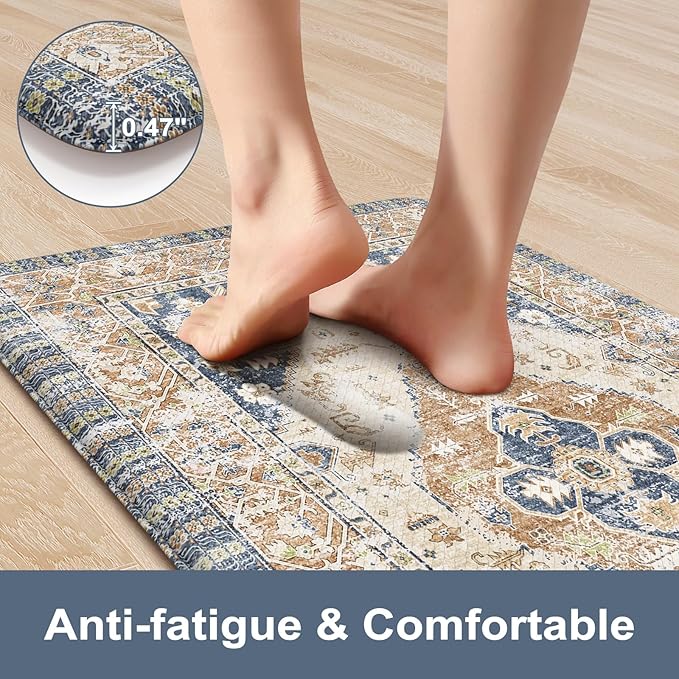 KIMODE Anti Fatigue Kitchen Mat 20"x39", Boho Vintage Kitchen Rug, Non Slip Kitchen Mats for Floor, Cushioned Kitchen Floor Mats, Standing Desk Mat for Sink, Laundry, Office, Desk Blue and Gold