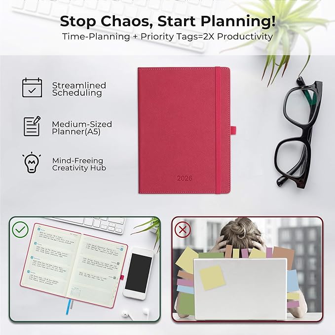 IN-LUXPRO Weekly Monthly 2026 Planner (Jan.26-Dec.26),8.5"x6.5",12 Months Agenda Plan with Month Tabs & Pocket,Expenses/Note Pages, Appointment Book Calendar with Vegan Leather Cover,Rose Red