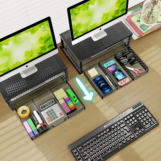 Simple Trending 2 Pack 2 Tier Metal Monitor Riser Stand and Computer Desk Organizer with Drawer, Black