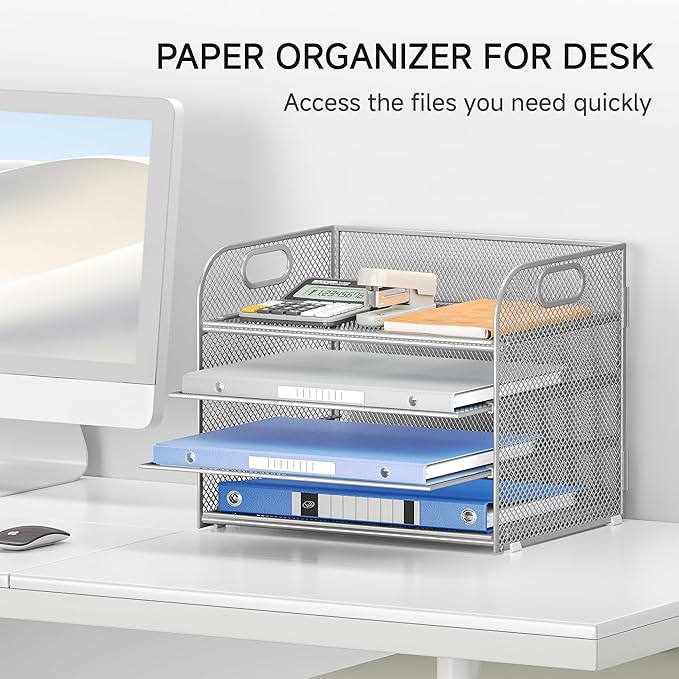 Lavatino 4-Tier Paper Organizer Trays - Silver Mesh File Folder Sorter with Handles, Desk Letter Holder Organizer for Office, Home, School Supplies Storage & Organization