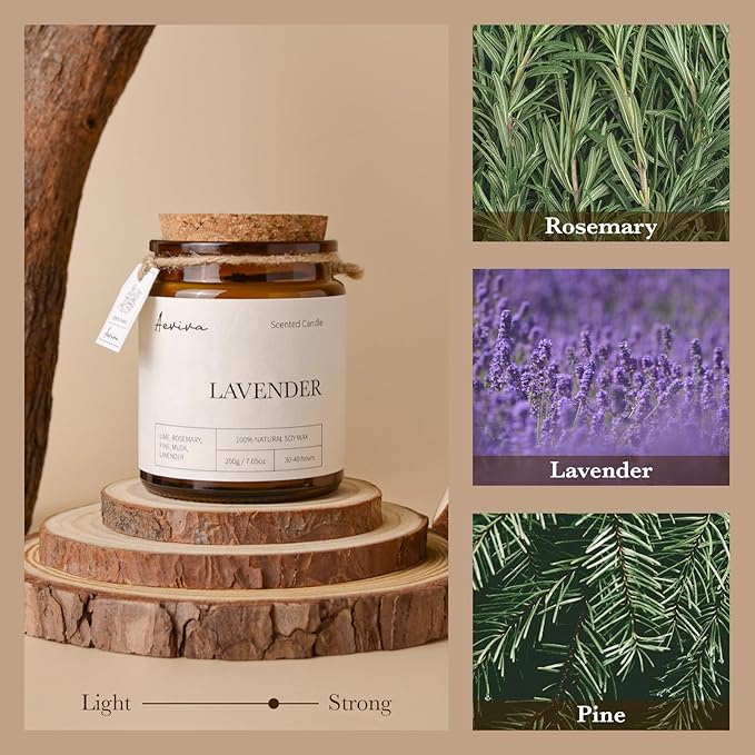 Scented Candle, 7.05 oz Lavender Aromatherapy Candle, Natural Soy Wax with Wooden Wick, Candles for Home Scented, Stress Relief Amber Jar Candle Gifts