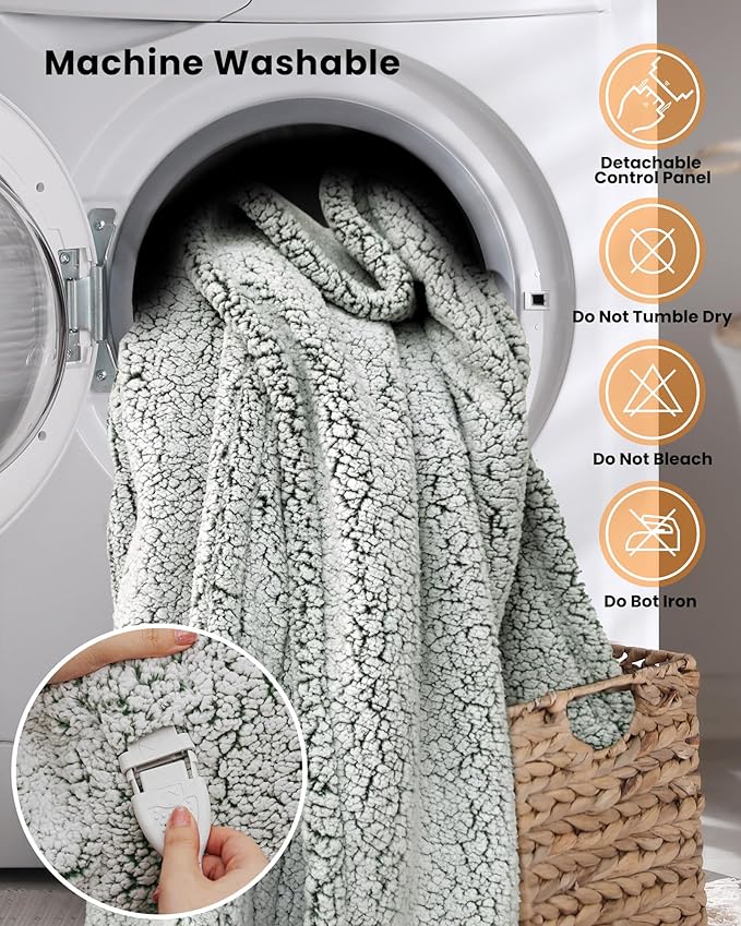 Electric Blanket King 90 x 100 Inches, Double-Sided Sherpa, Soft & Cozy Thick Heated Blanket with 6 Heat Settings, 1-10 Hour Auto Off, Machine Washable, Ideal for Couch, Sofa, Bed, Office, Light Sage