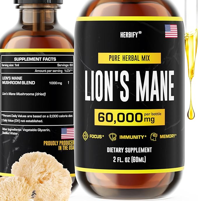 HERBIFY Lions Mane - Lions Mane Mushroom Supplement- Lions Mane Tincture - Lions Mane Immune Support - Lions Mane Tincture for Memory, Focus & Clarity - Daily Mushroom Supplement 2 Fl oz