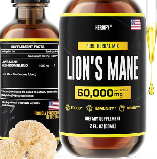 HERBIFY Lions Mane - Lions Mane Mushroom Supplement- Lions Mane Tincture - Lions Mane Immune Support - Lions Mane Tincture for Memory, Focus & Clarity - Daily Mushroom Supplement 2 Fl oz