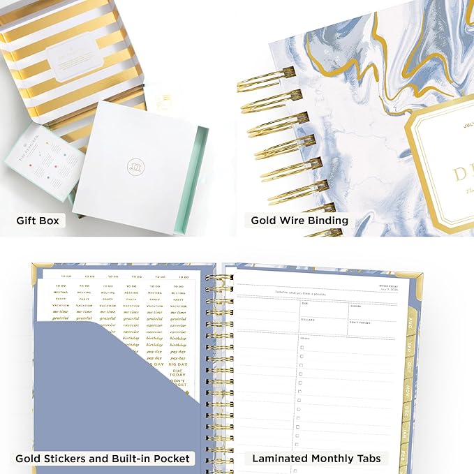 Day Designer 2025-2026 Daily Planner – Premium Planner for Stylish Organization. Combines Monthly Calendar, Hourly Schedule, To-Do List, Gratitude, Goal Setting, Inspirational Quotes, Stickers & More. Elegant laminated Cover with Gold Accents (Azure)