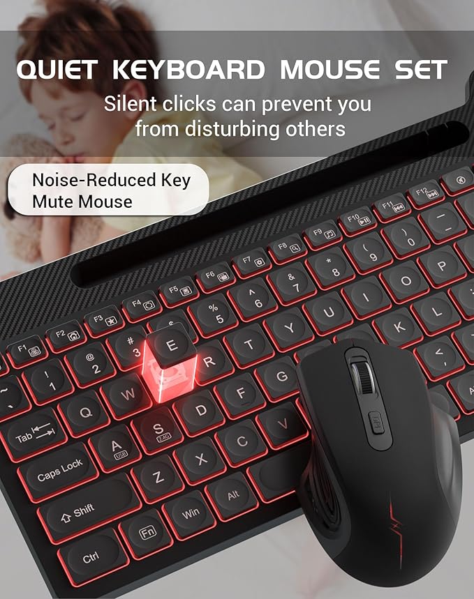 Wireless Keyboard Mouse Combo, Full Size Ergonomic Keyboard with Backlit, Wrist Rest, Calculator, Phone Holder, 2.4Ghz Silent Cordless Rechargeable Keyboard & Mouse for Laptop, PC, Windows, Mac OS