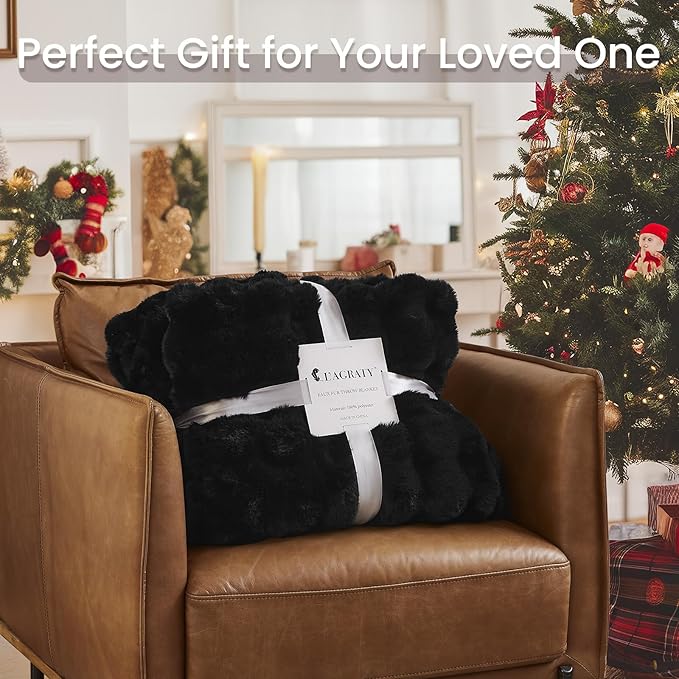 L'AGRATY Faux Rabbit Fur Blanket: 60" x 80" Twin Luxury Soft Fluffy Thick Fur Throw Blanket for Couch Bed Sofa - Cozy Plush Bubble Blankets for Winter: Flannel Fleece Decorative Blanket(Black)