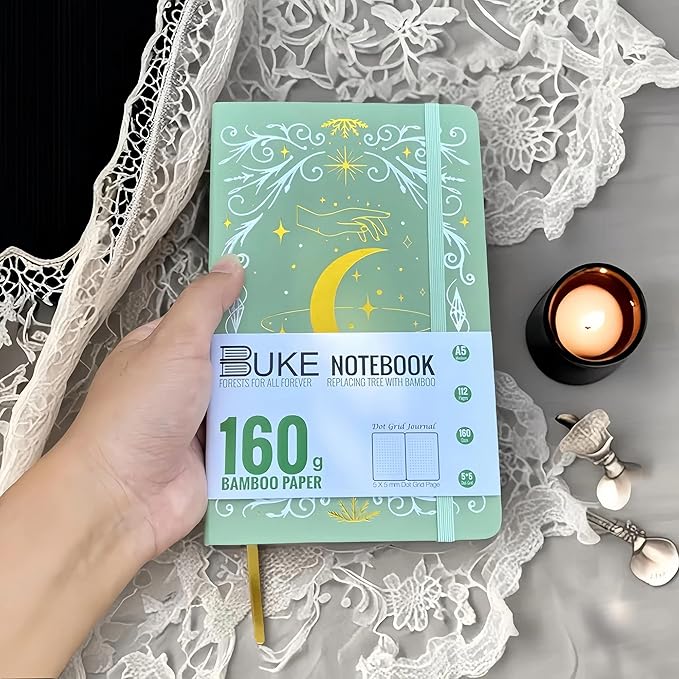 BUKE A5 Dotted Journal – 160gsm Ultra Bamboo Paper, Moon & Star Foil Cover, Flat Lay Notebook with Gift Box – 160 Pages, 5mm Dot Grid, Faux Leather Hardcover (Matcha Green)
