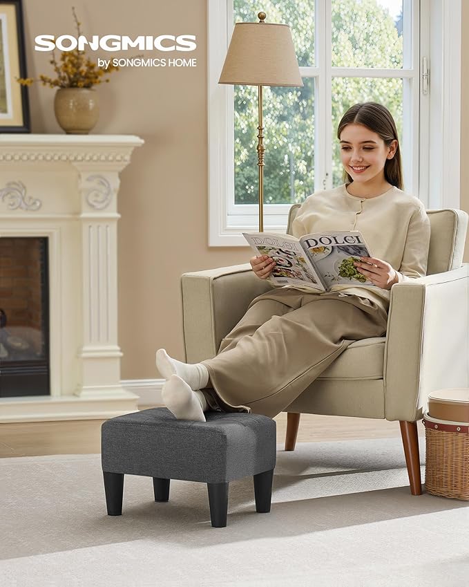 SONGMICS Foot Stool with Legs, Small Footstool Ottoman, Linen-Look Fabric Seat with Thick Cushion, for Living Room, Bedroom, Entryway, 330 lb Weight Capacity, Dark Gray ULOM502G01