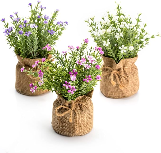 Velener Babys Breath Artificial Flowers in Small Burlap Bag Vases 3Pcs -Gypsophila Faux Flowers Farmhouse Home Coffee Table Bookshelf Office Desk Decorations Kitchen Dining Room Fake Plants Indoor