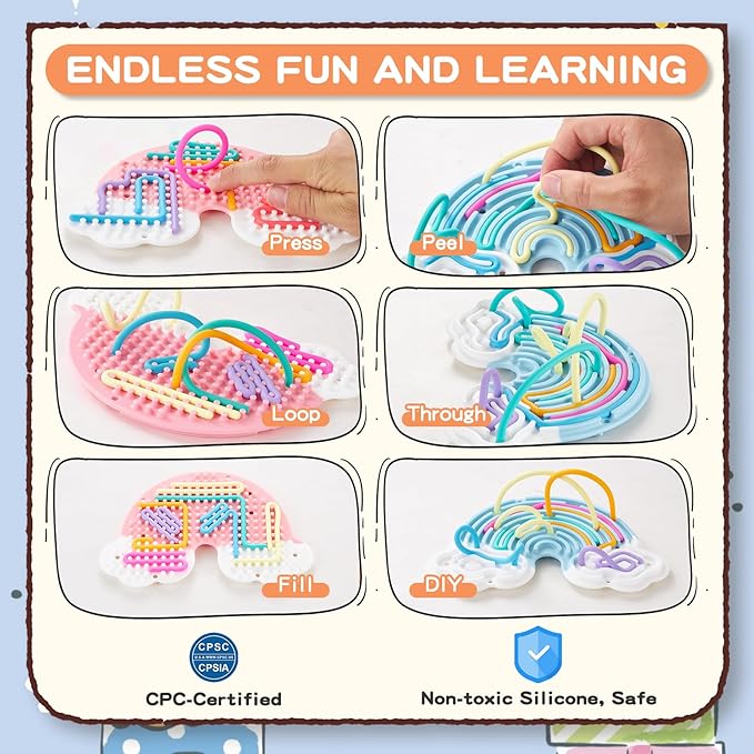 2 Pack Sensory Activity Board with 24 Random-Color Strings Fidget Toys for Kids, Sensory Toys for Kids with Autism, ADHD, Stress, Calming, Double-Sided Silicone Toys, Birthday