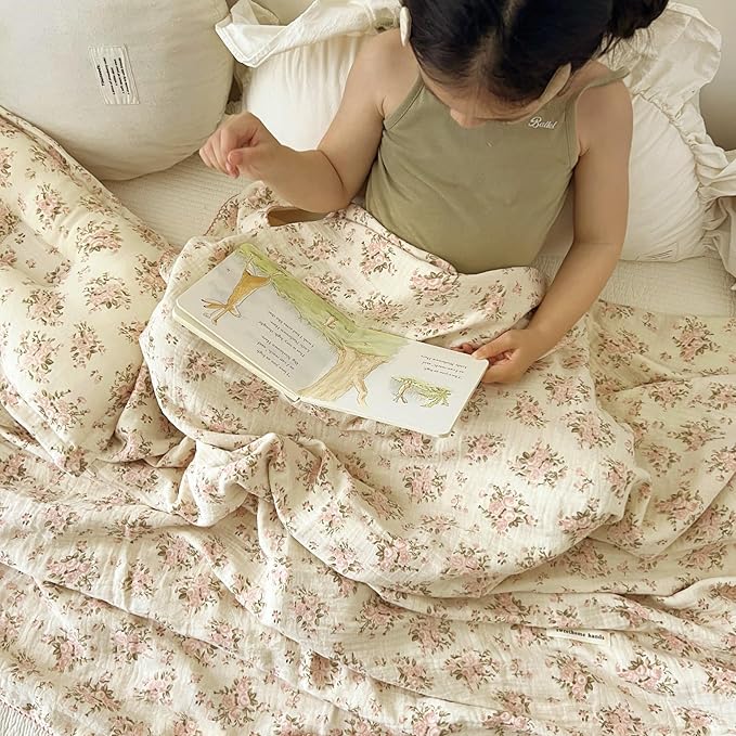 BuLuTu Muslin Baby Blankets for Toddlers Girls Boys, Soft Lightweight Large Crib Blanket 100% Cotton Muslin Baby Quilt for Toddler Bed/Crib/Cot, Floral Print, 47"x51"