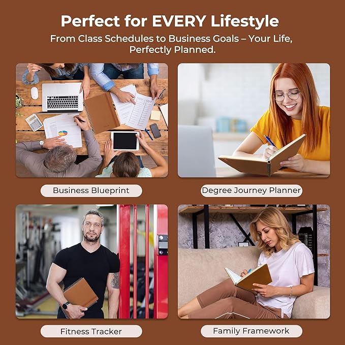 Planner 2025-2026 Daily Weekly and Monthly,11.5"x8.5",18 Months Spiral Bound Calendar Agenda with Self-adhesive Pen Holder,2026 Academic Plan with Vegan Leather Soft Cover,Brown