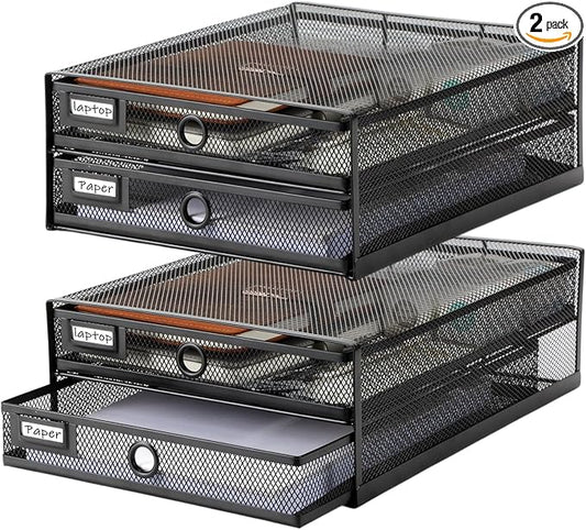Zhanmai 2 Pack Desk Organizer with Drawer Total 4 Tiers, Wire Mesh Organizers Tray Multifunctional Paper Sorter File Stand for Home Office Supplies Storage Letter A4 Paper Office Accessories (Black)