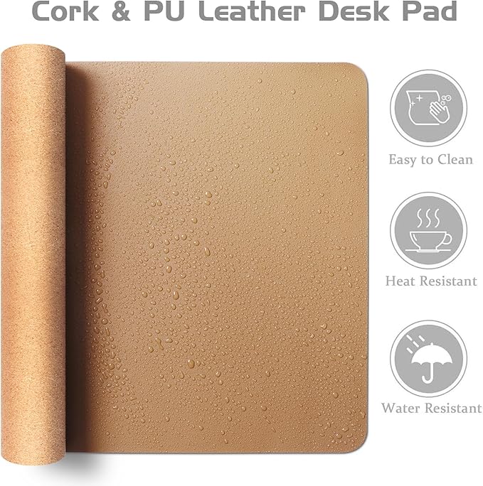 Aothia Dual-Sided Desk Pad - Leather Desk Mat, Natural Cork Desk Pad Protector, Large Mouse Pad for Desk, Waterproof Desk Blotter Pad, Desk Writing Pad for Office Work/Home, Apricot(37.8"x17")