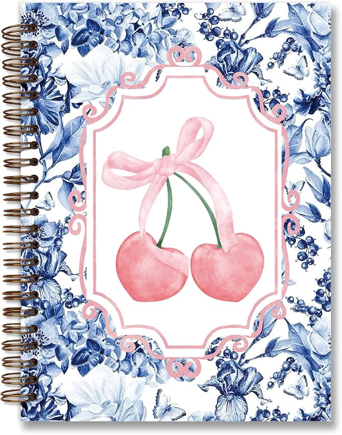 Coquette Blue Bow Notebook Journal,Girly Notebook for Women,Preppy Pink Cherry Notebook Journal,Blue Office Supplies,5.5x8.3 Inch