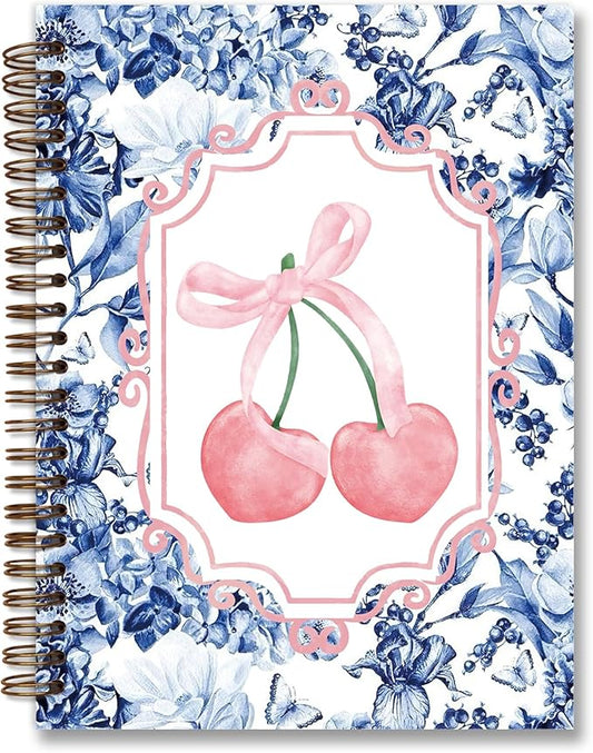 Coquette Blue Bow Notebook Journal,Girly Notebook for Women,Preppy Pink Cherry Notebook Journal,Blue Office Supplies,5.5x8.3 Inch