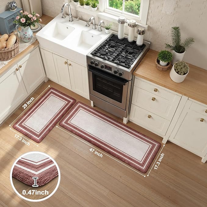 KIMODE Anti Fatigue Kitchen Mats for Floor 2 Piece, Christmas Farmhouse Kitchen Rugs, Padded Kitchen Floor Mats, Standing Desk Mats for Laundry Office Sink Red 17"x47"+17"x29"