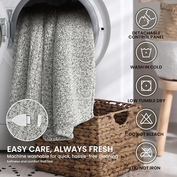 Electric Heated Blanket Full Size 72x84 inches, Fast Heating w/ 10 Heat Settings & 2/4/8/10H Auto Timer, Double-Sided Sherpa, Ultra Soft & Cozy for Couch, Bed, Office, Machine Washable, Light Grey