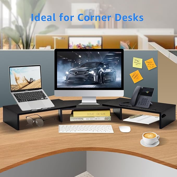 Dual Monitor Stand Riser for 2 Monitors, Monitor Stand for Desk, Adjustable Length & Swivel Angle Wooden Desktop Organizer Stand Riser with Smartphone Holder for PC Monitor Laptop, Black