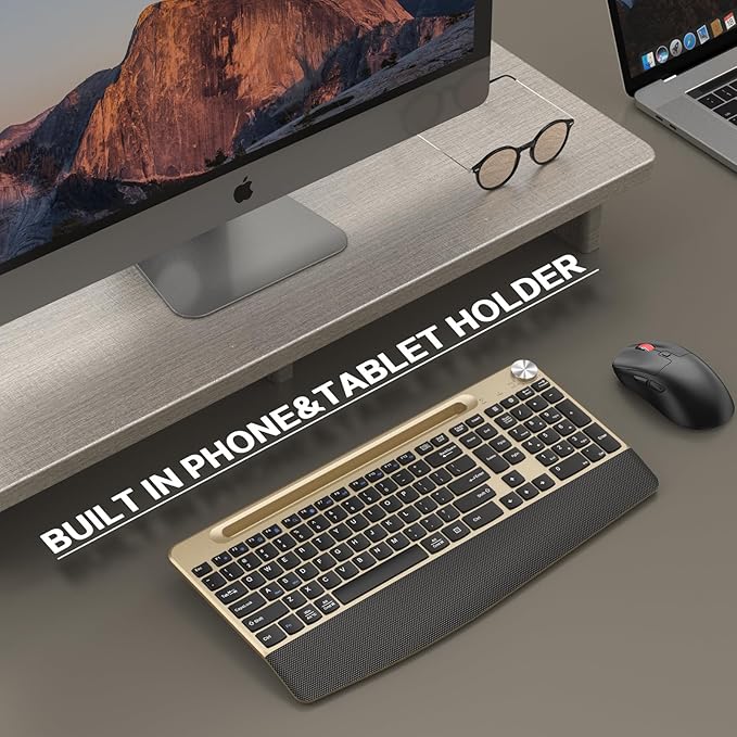 Ergonomic Wireless Keyboard and Mouse with Wrist Rest，Phone Holder - 2.4GHz Full-Sized Low-Profile Quiet Gold Wireless Mouse and Keyboard Combo for Computer, Laptop, PC, Mac-Gold