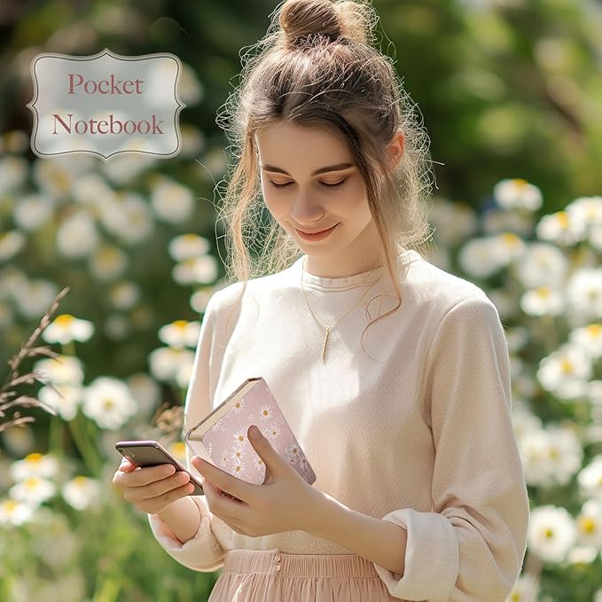 Fabric Pocket Notebook, Flower Cloth Hardcover Journal, A6, 264 Pages, 4x6 Small Notebook & Sketchbook, Similar Embroidered Journal, Lay Flat, Daisy Gifts for Women, Pink